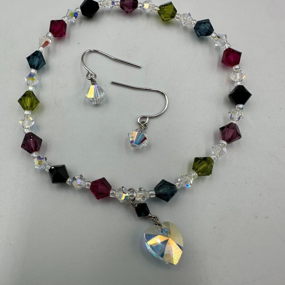 Bicone Crystal Bracelet Earrings Set Stretch Band 925 Hooks Heart Charm